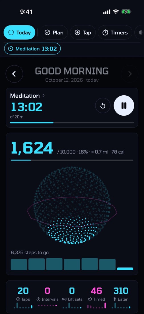 Today screen: steps, taps, timed minutes and food for the day